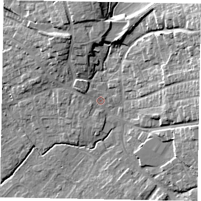 Shaded relief map of the ground around YO433AH, computed from Environment Agency LiDAR. The ground here sits at about 25 m above sea level and falls 21 m across the surrounding 800 m. Surface water reaching this point runs off ground lying to the west-north-west, 2.7 m higher.