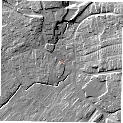 Shaded relief map of the ground around YO433AQ, computed from Environment Agency LiDAR. The ground here sits at about 25 m above sea level and falls 21 m across the surrounding 800 m. Surface water reaching this point runs off ground lying to the north-west, 3.7 m higher.