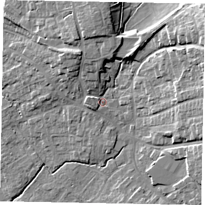 Shaded relief map of the ground around YO433AS, computed from Environment Agency LiDAR. The ground here sits at about 26 m above sea level and falls 18 m across the surrounding 800 m. Surface water reaching this point runs off ground lying to the north, 8.2 m higher.