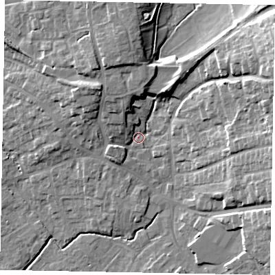 Shaded relief map of the ground around YO433AT, computed from Environment Agency LiDAR. The ground here sits at about 25 m above sea level and falls 19 m across the surrounding 800 m. Surface water reaching this point runs off ground lying to the north-north-west, 9.4 m higher.