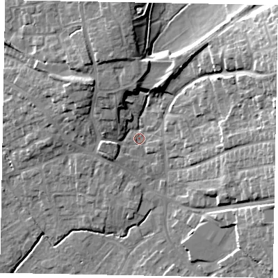 Shaded relief map of the ground around YO433AU, computed from Environment Agency LiDAR. The ground here sits at about 25 m above sea level and falls 21 m across the surrounding 800 m. Surface water reaching this point runs off ground lying to the east-north-east, 17.7 m higher.