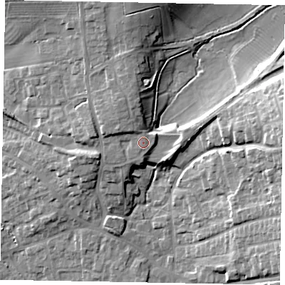Shaded relief map of the ground around YO433FW, computed from Environment Agency LiDAR. The ground here sits at about 31 m above sea level and falls 18 m across the surrounding 800 m. Surface water reaching this point runs off ground lying to the north-west, 1.8 m higher.