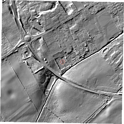 Shaded relief map of the ground around YO433GZ, computed from Environment Agency LiDAR. The ground here sits at about 20 m above sea level and falls 8 m across the surrounding 800 m. Surface water reaching this point runs off ground lying to the east-south-east, 6.5 m higher.