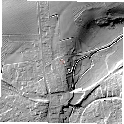 Shaded relief map of the ground around YO433HU, computed from Environment Agency LiDAR. The ground here sits at about 34 m above sea level and falls 22 m across the surrounding 800 m. Surface water reaching this point runs off ground lying to the north, 0.8 m higher.