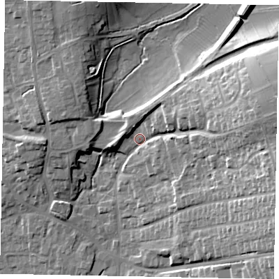 Shaded relief map of the ground around YO433JJ, computed from Environment Agency LiDAR. The ground here sits at about 28 m above sea level and falls 24 m across the surrounding 800 m. Surface water reaching this point runs off ground lying to the east, 20.1 m higher.