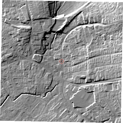 Shaded relief map of the ground around YO433JL, computed from Environment Agency LiDAR. The ground here sits at about 25 m above sea level and falls 24 m across the surrounding 800 m. Surface water reaching this point runs off ground lying to the north-east, 21.6 m higher.