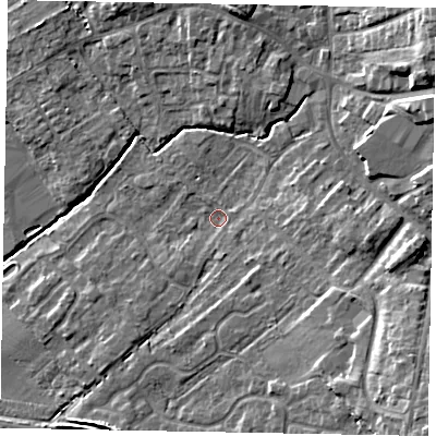 Shaded relief map of the ground around YO433JR, computed from Environment Agency LiDAR. The ground here sits at about 23 m above sea level and falls 13 m across the surrounding 800 m. Surface water reaching this point runs off ground lying to the east-south-east, 5.1 m higher.