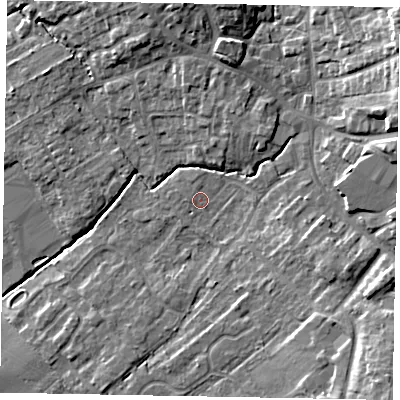 Shaded relief map of the ground around YO433JS, computed from Environment Agency LiDAR. The ground here sits at about 23 m above sea level and falls 13 m across the surrounding 800 m. Surface water reaching this point runs off ground lying to the south-east, 5.2 m higher.