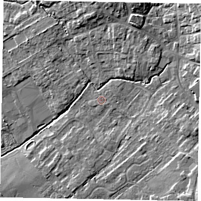 Shaded relief map of the ground around YO433JU, computed from Environment Agency LiDAR. The ground here sits at about 23 m above sea level and falls 10 m across the surrounding 800 m. Surface water reaching this point runs off ground lying to the east-south-east, 5.5 m higher.