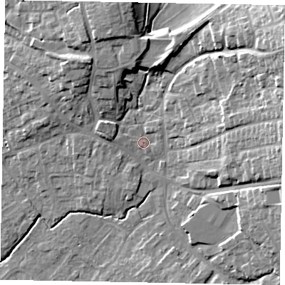 Shaded relief map of the ground around YO433NE, computed from Environment Agency LiDAR. The ground here sits at about 25 m above sea level and falls 22 m across the surrounding 800 m. Surface water reaching this point runs off ground lying to the north-east, 18.9 m higher.