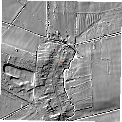 Shaded relief map of the ground around YO433PA, computed from Environment Agency LiDAR. The ground here sits at about 22 m above sea level and falls 9 m across the surrounding 800 m. Surface water reaching this point runs off ground lying to the west, 2.8 m higher.