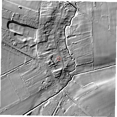 Shaded relief map of the ground around YO433PE, computed from Environment Agency LiDAR. The ground here sits at about 21 m above sea level and falls 10 m across the surrounding 800 m. Surface water reaching this point runs off ground lying to the south-west, 2.9 m higher.