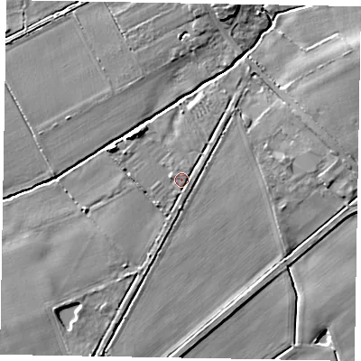 Shaded relief map of the ground around YO433PL, computed from Environment Agency LiDAR. The ground here sits at about 18 m above sea level and falls 7 m across the surrounding 800 m. Surface water reaching this point runs off ground lying to the north-east, 1.8 m higher.