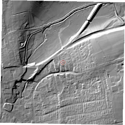Shaded relief map of the ground around YO433QN, computed from Environment Agency LiDAR. The ground here sits at about 34 m above sea level and falls 27 m across the surrounding 800 m. Surface water reaching this point runs off ground lying to the east, 4.0 m higher.