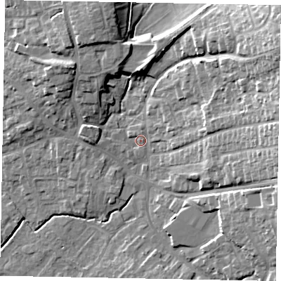 Shaded relief map of the ground around YO433QS, computed from Environment Agency LiDAR. The ground here sits at about 25 m above sea level and falls 24 m across the surrounding 800 m. Surface water reaching this point runs off ground lying to the north-east, 21.5 m higher.