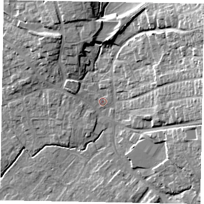 Shaded relief map of the ground around YO433QY, computed from Environment Agency LiDAR. The ground here sits at about 25 m above sea level and falls 23 m across the surrounding 800 m. Surface water reaching this point runs off ground lying to the north-east, 20.1 m higher.