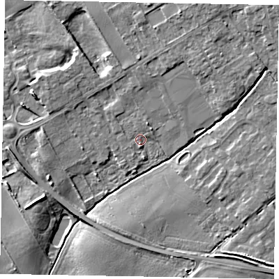 Shaded relief map of the ground around YO433RL, computed from Environment Agency LiDAR. The ground here sits at about 21 m above sea level and falls 9 m across the surrounding 800 m. Surface water reaching this point runs off ground lying to the south-east, 8.0 m higher.