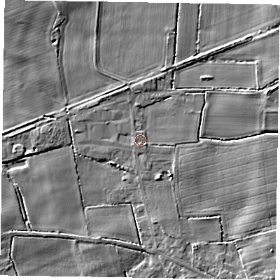 Shaded relief map of the ground around YO434AL, computed from Environment Agency LiDAR. The ground here sits at about 7 m above sea level and falls 6 m across the surrounding 800 m. Surface water reaching this point runs off ground lying to the south-east, 1.0 m higher.