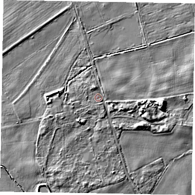 Shaded relief map of the ground around YO434EB, computed from Environment Agency LiDAR. The ground here sits at about 10 m above sea level and falls 8 m across the surrounding 800 m. Surface water reaching this point runs off ground lying to the west, 1.7 m higher.