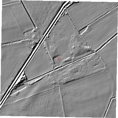 Shaded relief map of the ground around YO434FN, computed from Environment Agency LiDAR. The ground here sits at about 8 m above sea level and falls 7 m across the surrounding 800 m. Surface water reaching this point runs off ground lying to the east-north-east, 2.4 m higher.