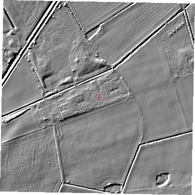 Shaded relief map of the ground around YO434LA, computed from Environment Agency LiDAR. The ground here sits at about 9 m above sea level and falls 5 m across the surrounding 800 m. Surface water reaching this point runs off ground lying to the west, 0.7 m higher.