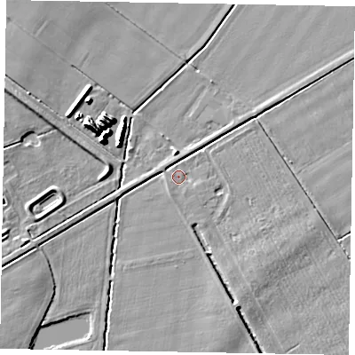 Shaded relief map of the ground around YO434LY, computed from Environment Agency LiDAR. The ground here sits at about 8 m above sea level and falls 9 m across the surrounding 800 m. Surface water reaching this point runs off ground lying to the west-north-west, 1.1 m higher.