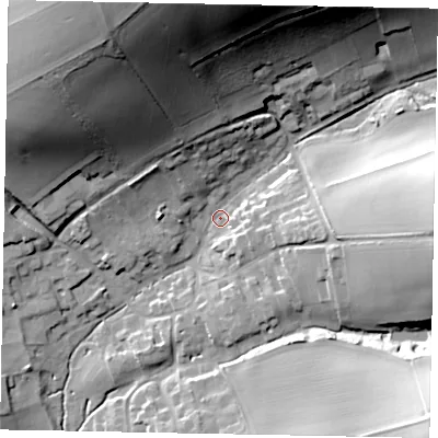 Shaded relief map of the ground around YO434SD, computed from Environment Agency LiDAR. The ground here sits at about 42 m above sea level and falls 50 m across the surrounding 800 m. Surface water reaching this point runs off ground lying to the north-north-west, 45.3 m higher.