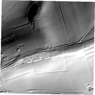 Shaded relief map of the ground around YO434SQ, computed from Environment Agency LiDAR. The ground here sits at about 50 m above sea level and falls 70 m across the surrounding 800 m. Surface water reaching this point runs off ground lying to the north-west, 63.4 m higher.