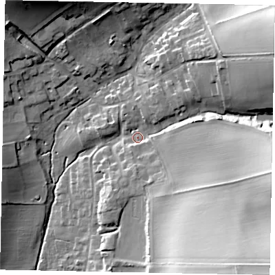 Shaded relief map of the ground around YO434TT, computed from Environment Agency LiDAR. The ground here sits at about 43 m above sea level and falls 48 m across the surrounding 800 m. Surface water reaching this point runs off ground lying to the east-south-east, 25.9 m higher.