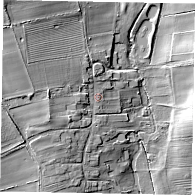 Shaded relief map of the ground around YO434UF, computed from Environment Agency LiDAR. The ground here sits at about 30 m above sea level and falls 23 m across the surrounding 800 m. Surface water reaching this point runs off ground lying to the north-west, 11.6 m higher.