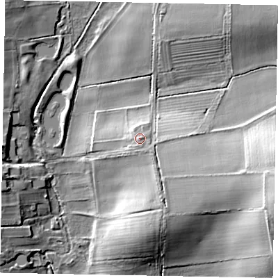 Shaded relief map of the ground around YO434UG, computed from Environment Agency LiDAR. The ground here sits at about 32 m above sea level and falls 22 m across the surrounding 800 m. Surface water reaching this point runs off ground lying to the south-east, 2.2 m higher.