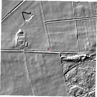 Shaded relief map of the ground around YO434XE, computed from Environment Agency LiDAR. The ground here sits at about 8 m above sea level and falls 7 m across the surrounding 800 m. Surface water reaching this point runs off ground lying to the east-south-east, 2.9 m higher.