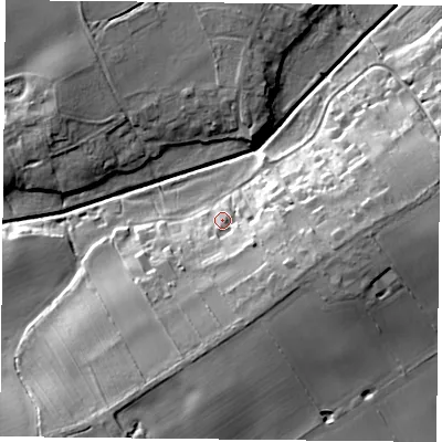Shaded relief map of the ground around YO46SG, computed from Environment Agency LiDAR. The ground here sits at about 8 m above sea level and falls 17 m across the surrounding 800 m. Surface water reaching this point runs off ground lying to the east, 11.4 m higher.