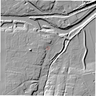 Shaded relief map of the ground around YO519AA, computed from Environment Agency LiDAR. The ground here sits at about 16 m above sea level and falls 16 m across the surrounding 800 m. Surface water reaching this point runs off ground lying to the south-west, 9.0 m higher.