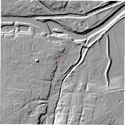Shaded relief map of the ground around YO519AD, computed from Environment Agency LiDAR. The ground here sits at about 15 m above sea level and falls 16 m across the surrounding 800 m. Surface water reaching this point runs off ground lying to the south-west, 9.4 m higher.