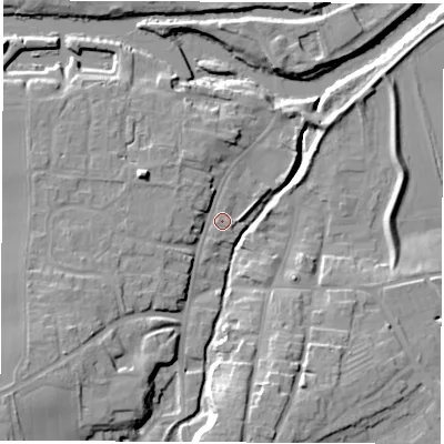Shaded relief map of the ground around YO519AE, computed from Environment Agency LiDAR. The ground here sits at about 16 m above sea level and falls 16 m across the surrounding 800 m. Surface water reaching this point runs off ground lying to the south-west, 15.1 m higher.