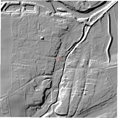 Shaded relief map of the ground around YO519AF, computed from Environment Agency LiDAR. The ground here sits at about 16 m above sea level and falls 16 m across the surrounding 800 m. Surface water reaching this point runs off ground lying to the south-west, 13.4 m higher.