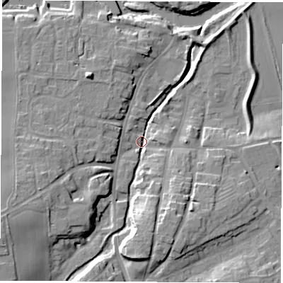Shaded relief map of the ground around YO519AG, computed from Environment Agency LiDAR. The ground here sits at about 14 m above sea level and falls 16 m across the surrounding 800 m. Surface water reaching this point runs off ground lying to the south, 12.8 m higher.