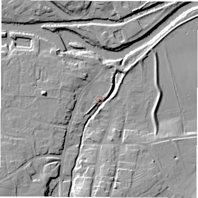 Shaded relief map of the ground around YO519AL, computed from Environment Agency LiDAR. The ground here sits at about 15 m above sea level and falls 16 m across the surrounding 800 m. Surface water reaching this point runs off ground lying to the south-west, 14.1 m higher.
