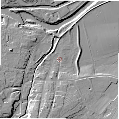 Shaded relief map of the ground around YO519AN, computed from Environment Agency LiDAR. The ground here sits at about 14 m above sea level and falls 16 m across the surrounding 800 m. Surface water reaching this point runs off ground lying to the south-south-west, 11.6 m higher.