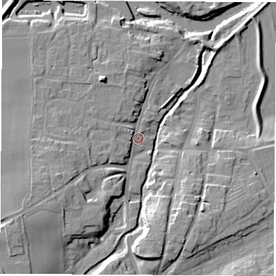 Shaded relief map of the ground around YO519AQ, computed from Environment Agency LiDAR. The ground here sits at about 15 m above sea level and falls 16 m across the surrounding 800 m. Surface water reaching this point runs off ground lying to the south-west, 12.9 m higher.