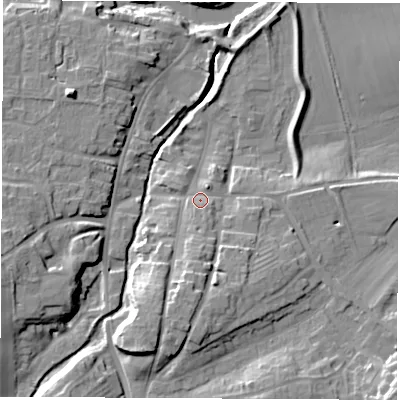 Shaded relief map of the ground around YO519AR, computed from Environment Agency LiDAR. The ground here sits at about 18 m above sea level and falls 17 m across the surrounding 800 m. Surface water reaching this point runs off ground lying to the south-south-east, 2.5 m higher.