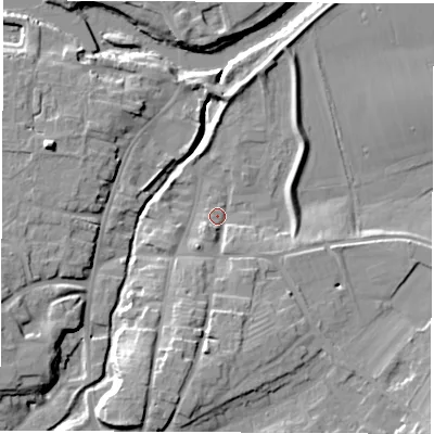 Shaded relief map of the ground around YO519AT, computed from Environment Agency LiDAR. The ground here sits at about 15 m above sea level and falls 16 m across the surrounding 800 m. Surface water reaching this point runs off ground lying to the south-south-west, 11.7 m higher.
