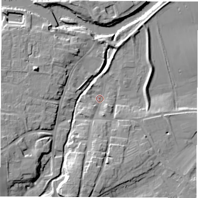 Shaded relief map of the ground around YO519AW, computed from Environment Agency LiDAR. The ground here sits at about 15 m above sea level and falls 16 m across the surrounding 800 m. Surface water reaching this point runs off ground lying to the south, 12.4 m higher.