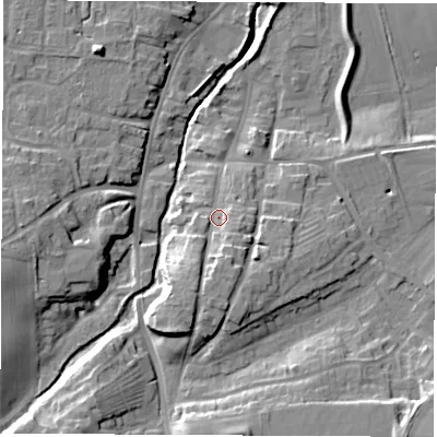 Shaded relief map of the ground around YO519AX, computed from Environment Agency LiDAR. The ground here sits at about 19 m above sea level and falls 18 m across the surrounding 800 m. Surface water reaching this point runs off ground lying to the south-south-west, 6.8 m higher.