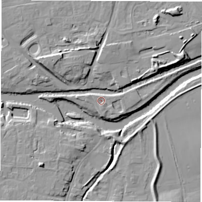 Shaded relief map of the ground around YO519BH, computed from Environment Agency LiDAR. The ground here sits at about 15 m above sea level and falls 14 m across the surrounding 800 m. Surface water reaching this point runs off ground lying to the west-north-west, 1.1 m higher.