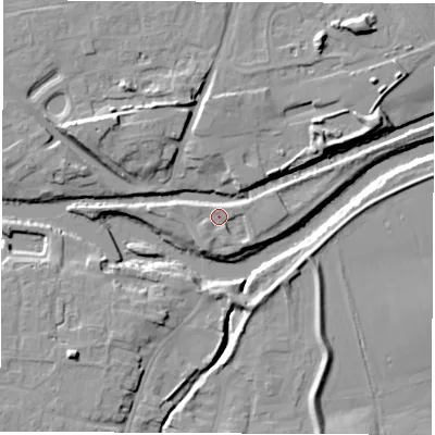 Shaded relief map of the ground around YO519BJ, computed from Environment Agency LiDAR. The ground here sits at about 15 m above sea level and falls 14 m across the surrounding 800 m. Surface water reaching this point runs off ground lying to the south-east, 2.5 m higher.