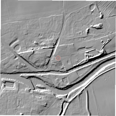 Shaded relief map of the ground around YO519BL, computed from Environment Agency LiDAR. The ground here sits at about 18 m above sea level and falls 14 m across the surrounding 800 m. Surface water reaching this point runs off ground lying to the north, 1.2 m higher.