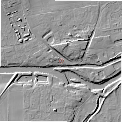 Shaded relief map of the ground around YO519BP, computed from Environment Agency LiDAR. The ground here sits at about 17 m above sea level and falls 15 m across the surrounding 800 m. Surface water reaching this point runs off ground lying to the north-north-west, 7.6 m higher.