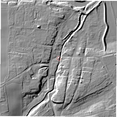 Shaded relief map of the ground around YO519BR, computed from Environment Agency LiDAR. The ground here sits at about 16 m above sea level and falls 16 m across the surrounding 800 m. Surface water reaching this point runs off ground lying to the south, 12.8 m higher.